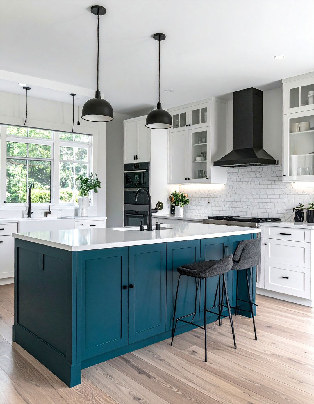 Deep Teal Island with Black Hardware - 30 White Kitchen Cabinets With Blue Island Design Ideas