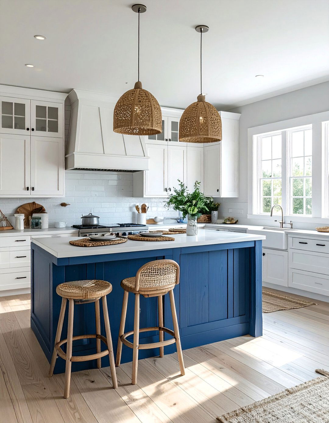 Denim Blue Island with Shiplap Details - 30 White Kitchen Cabinets With Blue Island Design Ideas