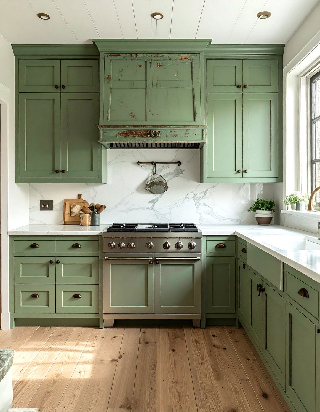 Distressed Sage Green Kitchen Cabinets for a Weathered Look - 20 Rustic Sage Green Kitchen Cabinets Ideas