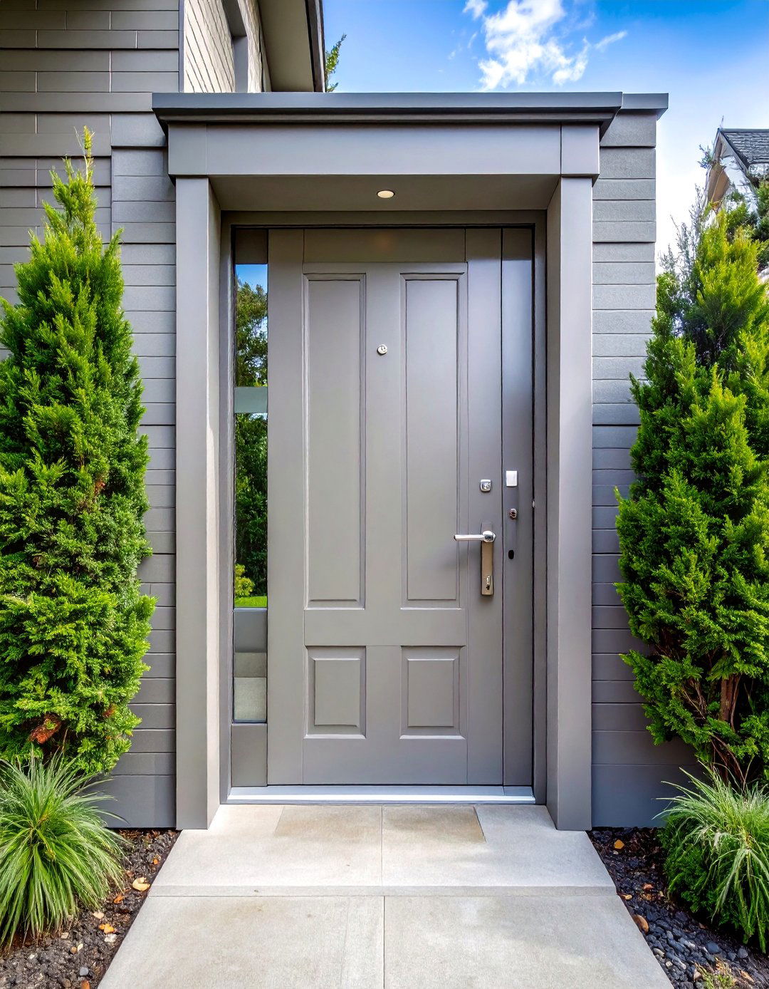Dove Grey Front Door with Chrome Hardware - 25 Grey Front Door Ideas for a Stylish Entrance