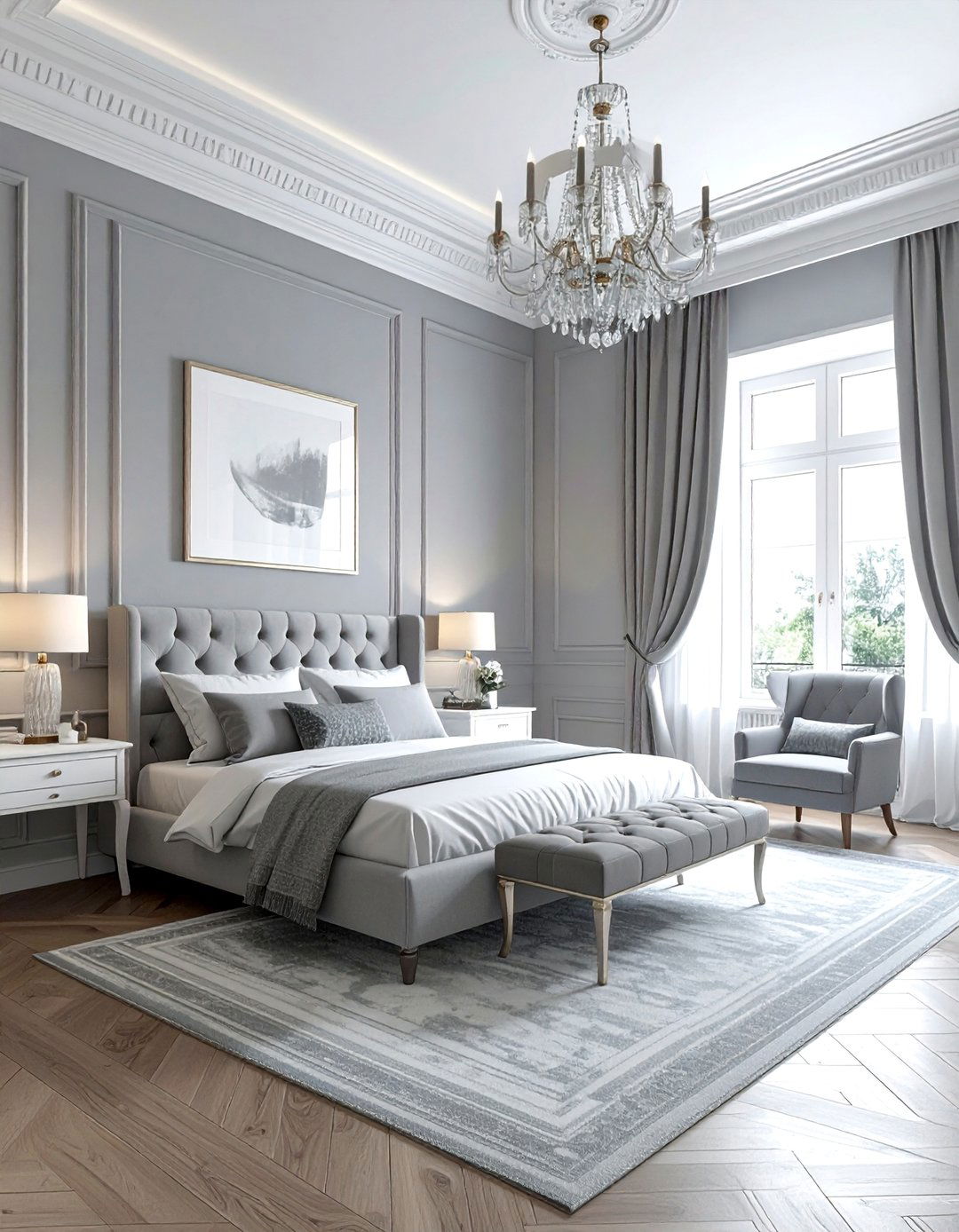 Dove Grey Walls with White Crown Molding - 40 Grey and White Bedroom Ideas for a Serene Retreat