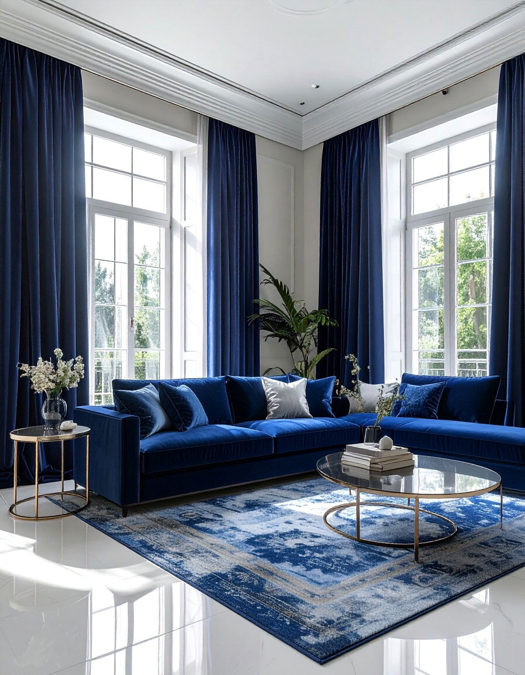 Dramatic Floor to Ceiling Navy Blue Drapes - 25 Navy Blue Living Room Ideas for a Stylish Space
