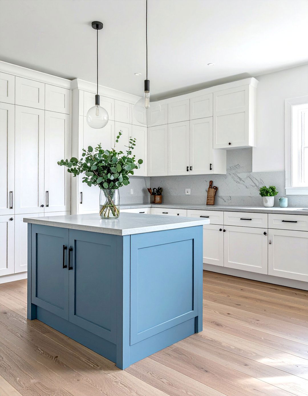 Dusty Blue Island with a Quartz Countertop - 30 White Kitchen Cabinets With Blue Island Design Ideas