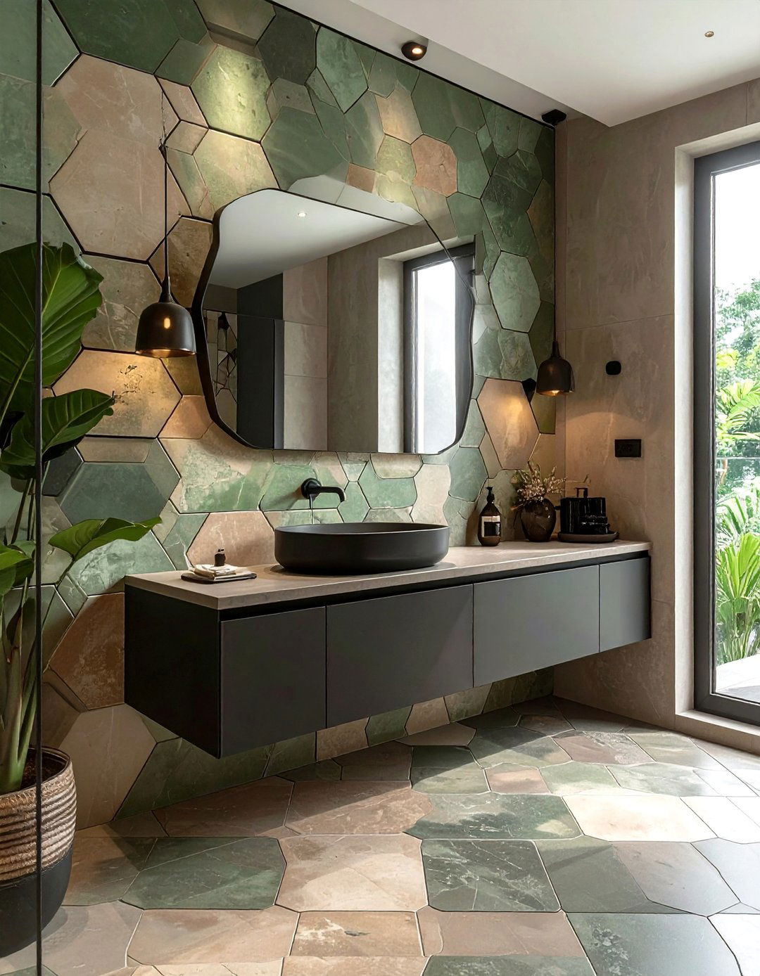 Earthy Toned Hexagon Mix Powder Room Floor Tile - 25 Powder Room Floor Tile Ideas for a Stunning Look