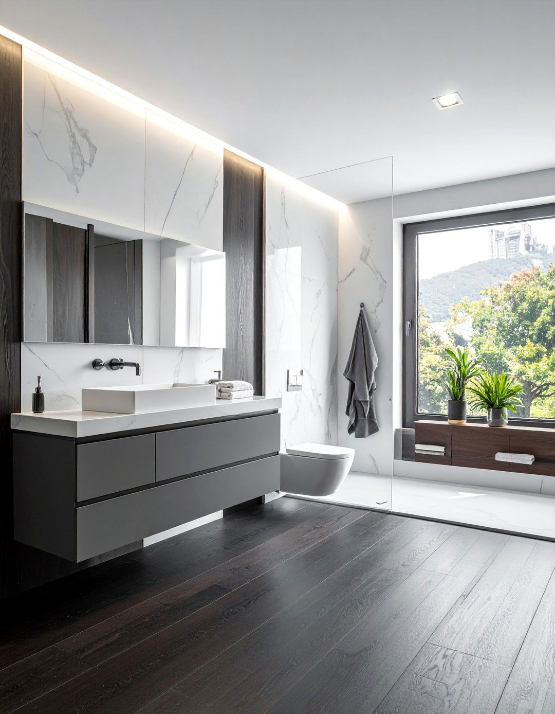 Ebony Wood Floors with White Marble Walls - 25 Dark Wood Floor Bathroom Ideas for a Cozy Retreat