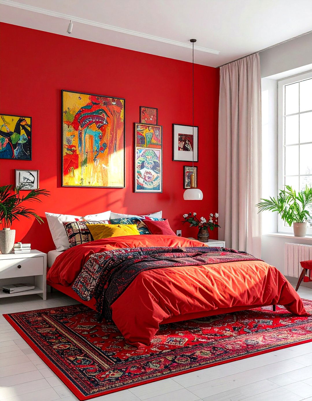 Eclectic Red Bedroom with Mixed Patterns and Art - 20 Red Bedroom Ideas to Create a Bold and Cozy Space