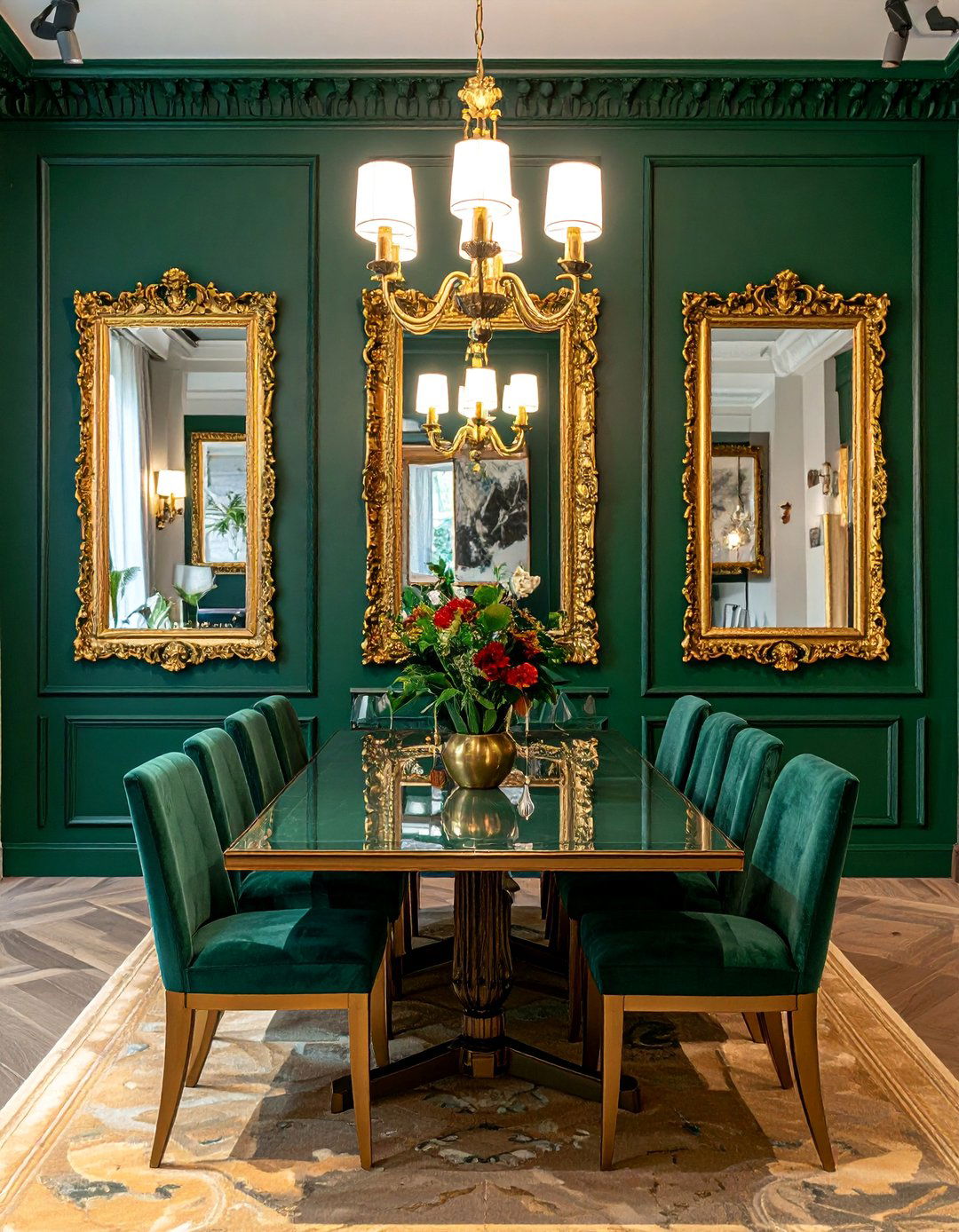 Emerald Green Dining Room with Gold Accents - 40 Green Dining Room Ideas for a Fresh Look