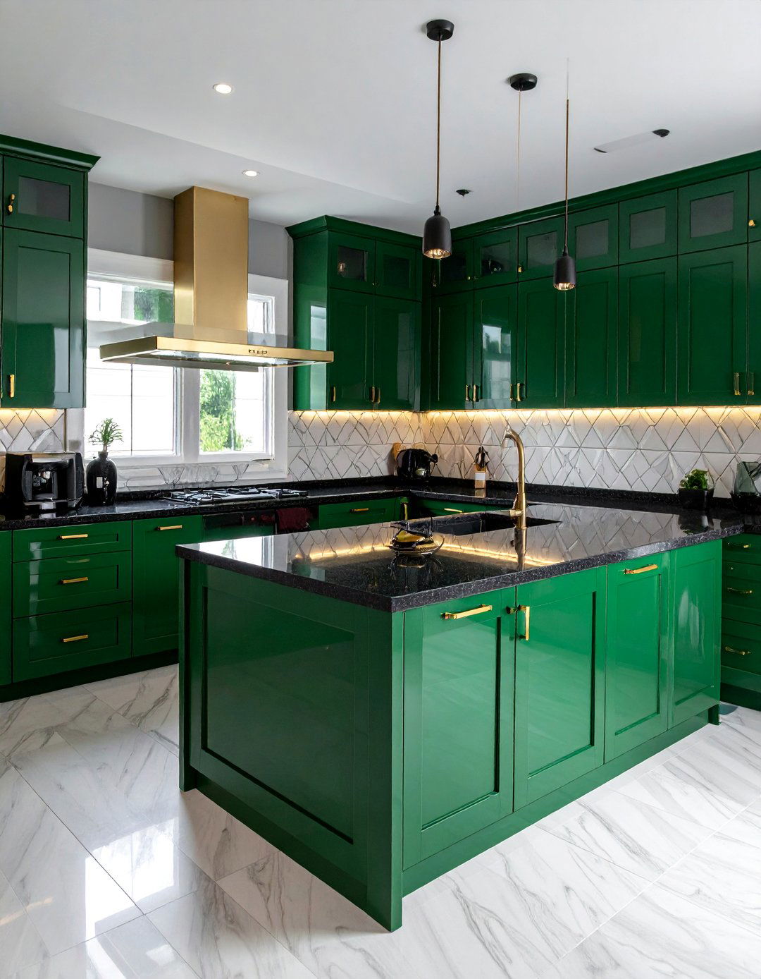 Emerald Green Glossy Cabinets with Absolute Black Granite - 20 Green Kitchen Cabinets With Black Countertops Ideas