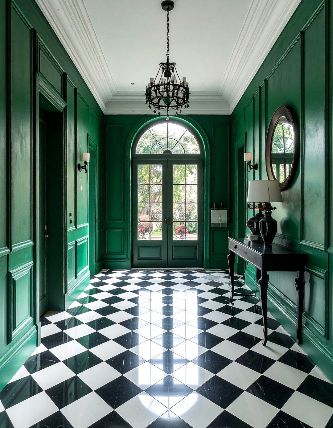Emerald Green Hallway with Checkerboard Flooring - 20 Green Hallway Ideas for a Fresh and Inviting Space