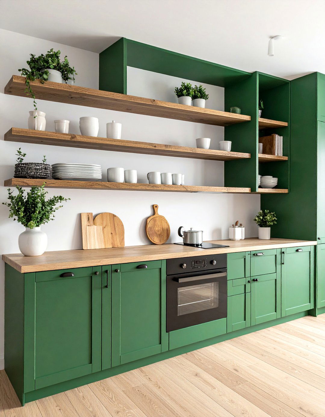 Emerald Green Kitchen and Natural Wood Shelving - 25 Emerald Green Kitchen Ideas for Bold Style