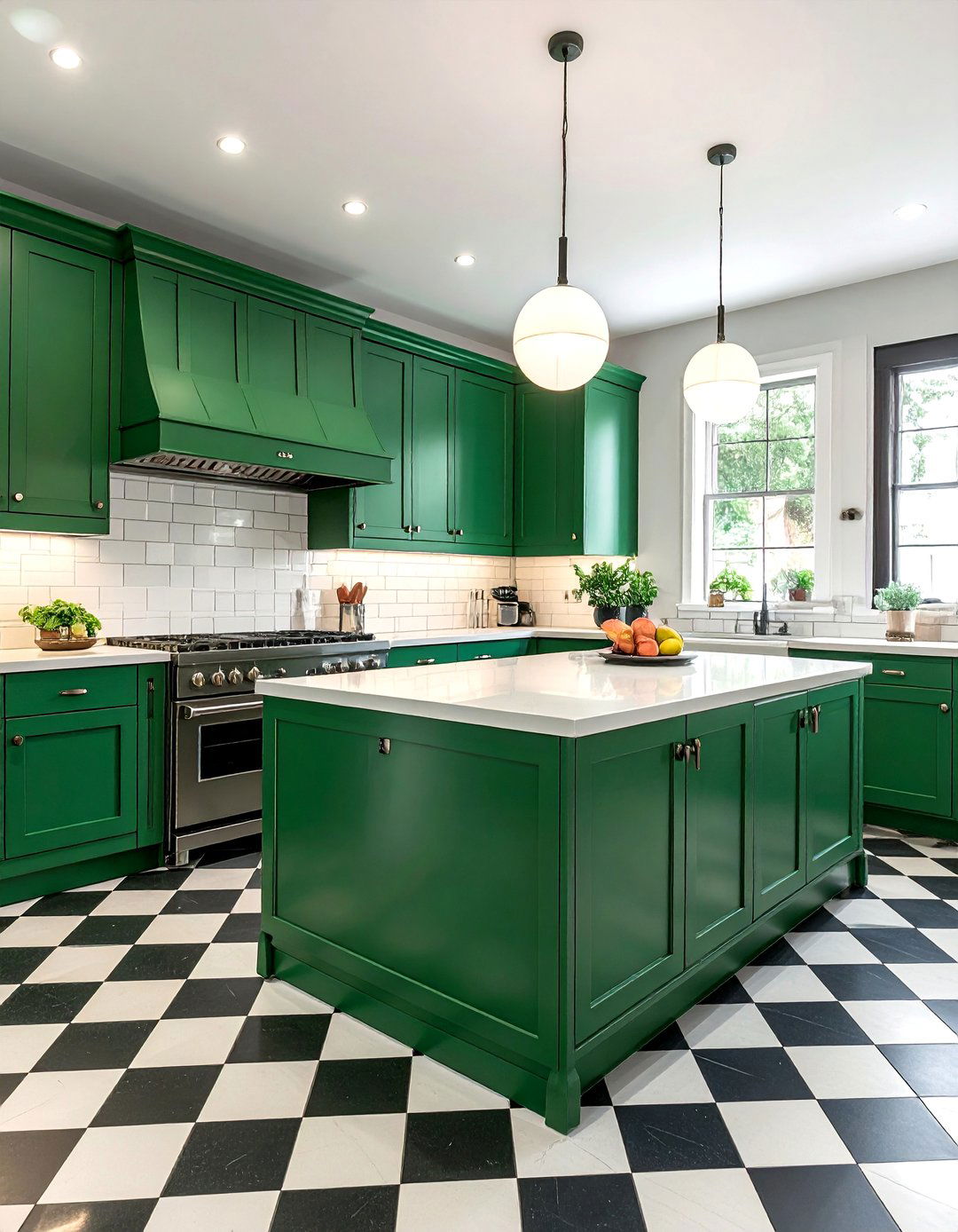 Emerald Green Kitchen with Checkered Flooring - 25 Emerald Green Kitchen Ideas for Bold Style