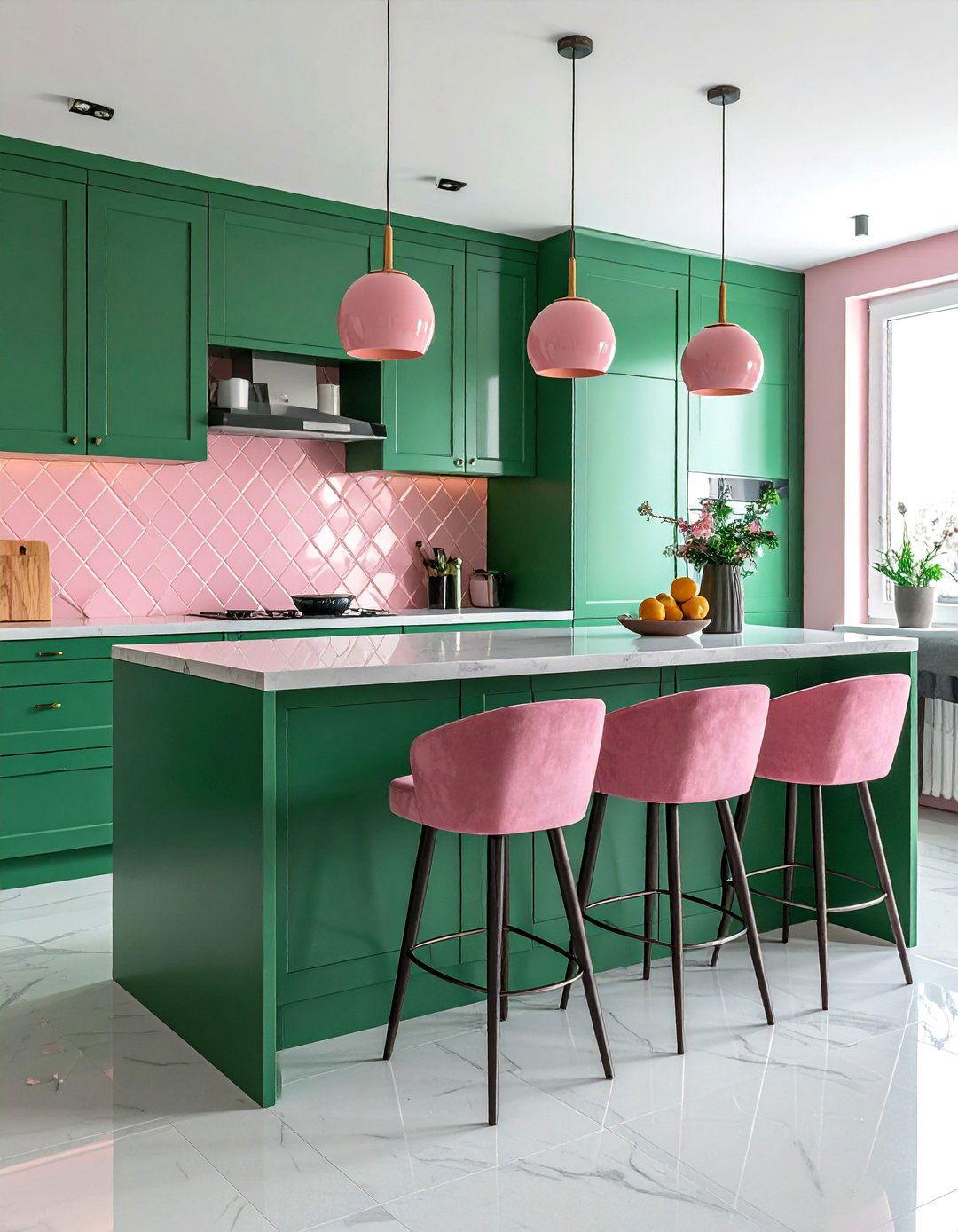 Emerald Green Kitchen with Pink Accents - 25 Emerald Green Kitchen Ideas for Bold Style