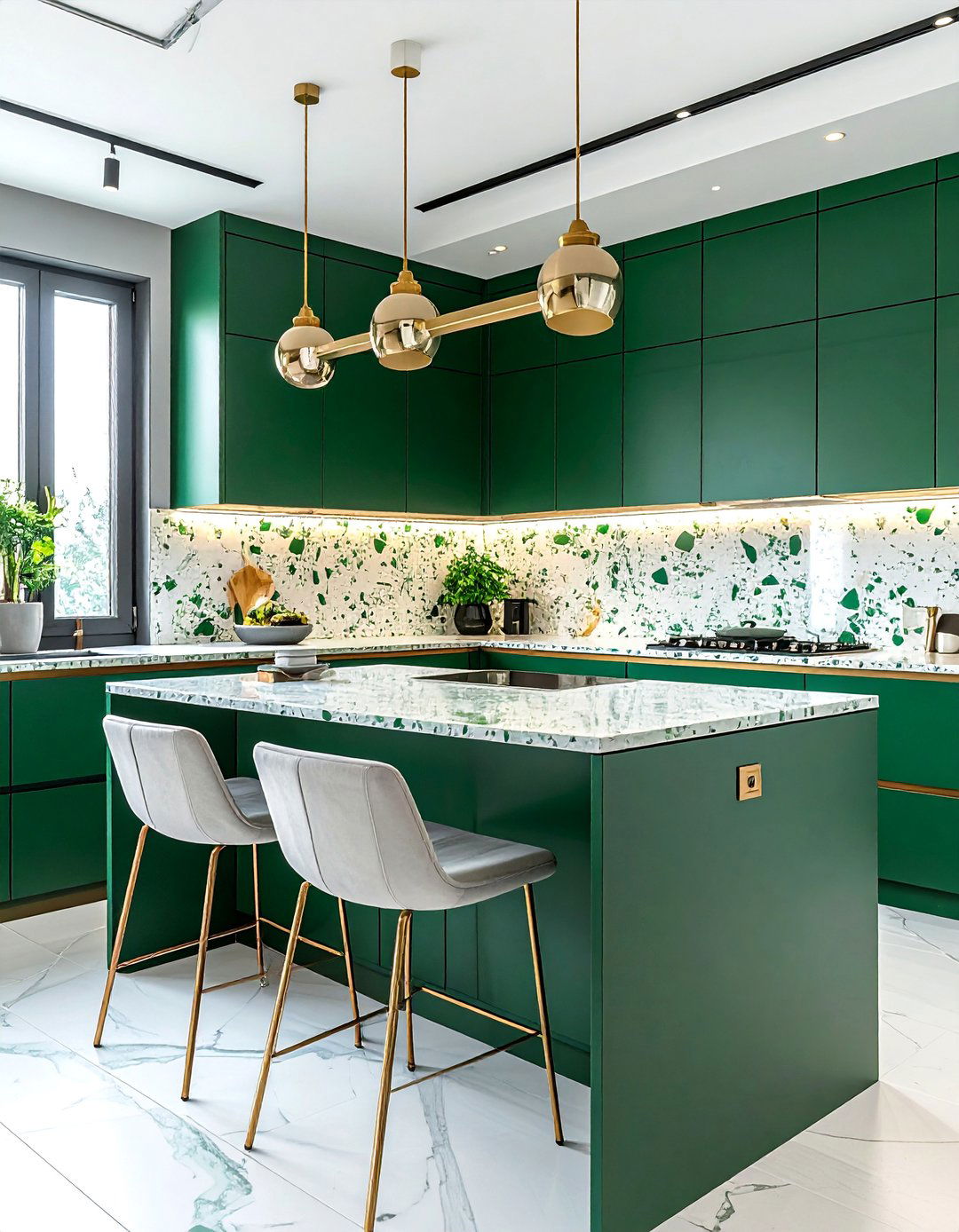 Emerald Green Kitchen with Terrazzo Surfaces - 25 Emerald Green Kitchen Ideas for Bold Style
