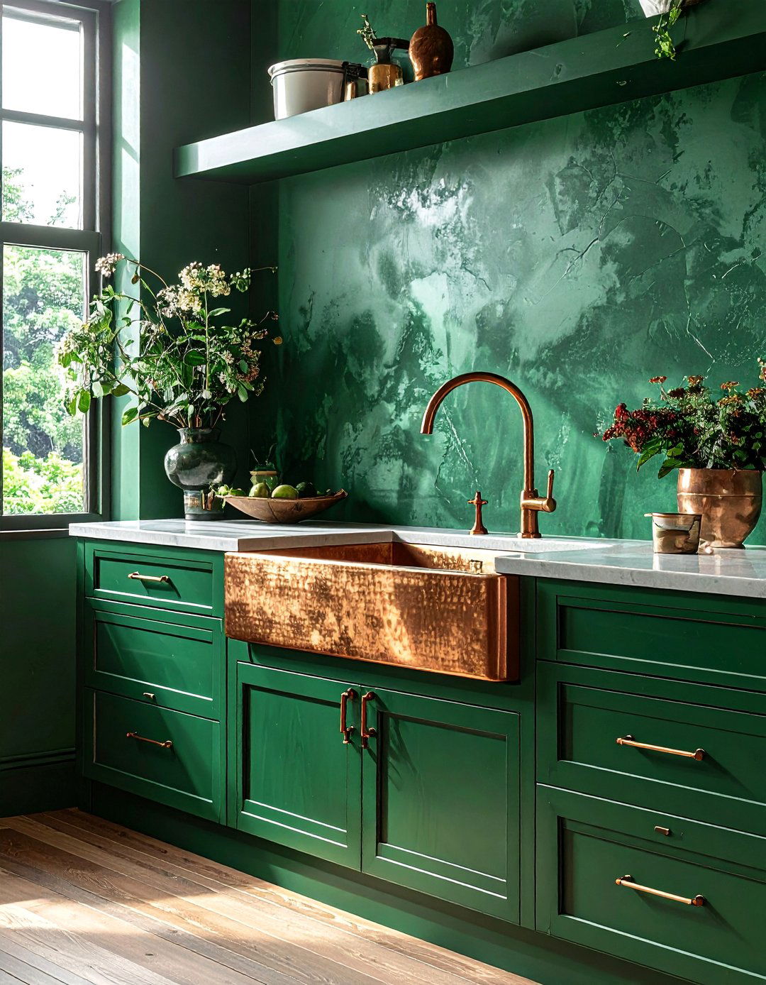 Emerald Green Kitchen with a Copper Sink and Faucet - 25 Emerald Green Kitchen Ideas for Bold Style