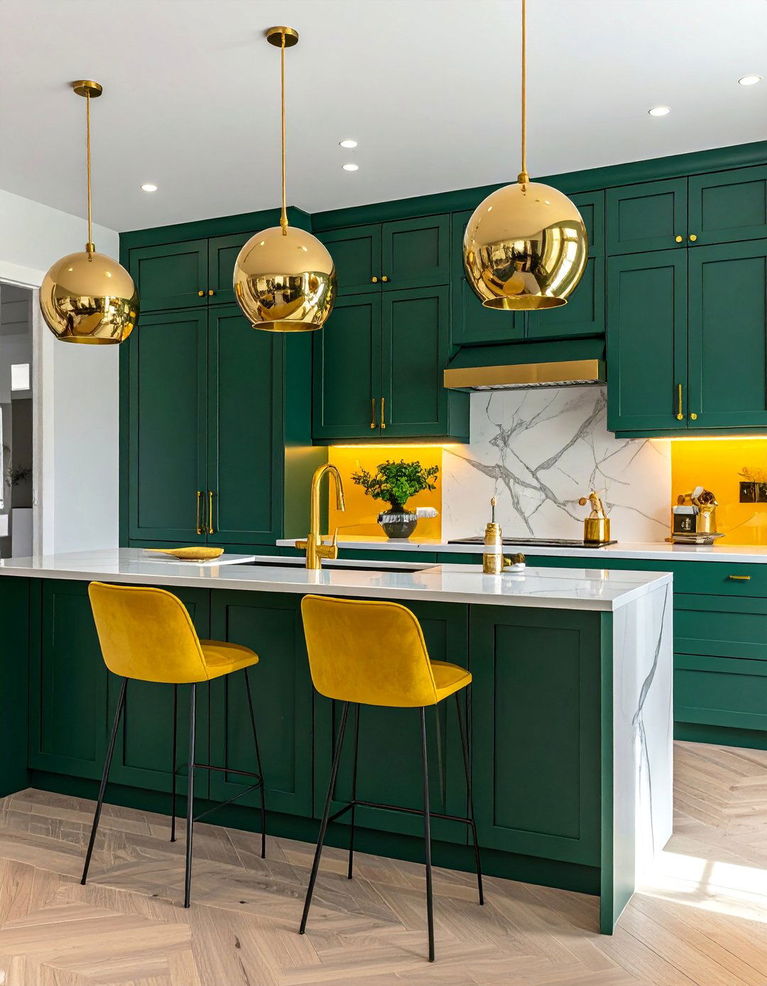 Emerald Green Lower Cabinets and Gold Toned Yellow Fixtures - 20 Green and Yellow Kitchen Ideas for a Fresh Look