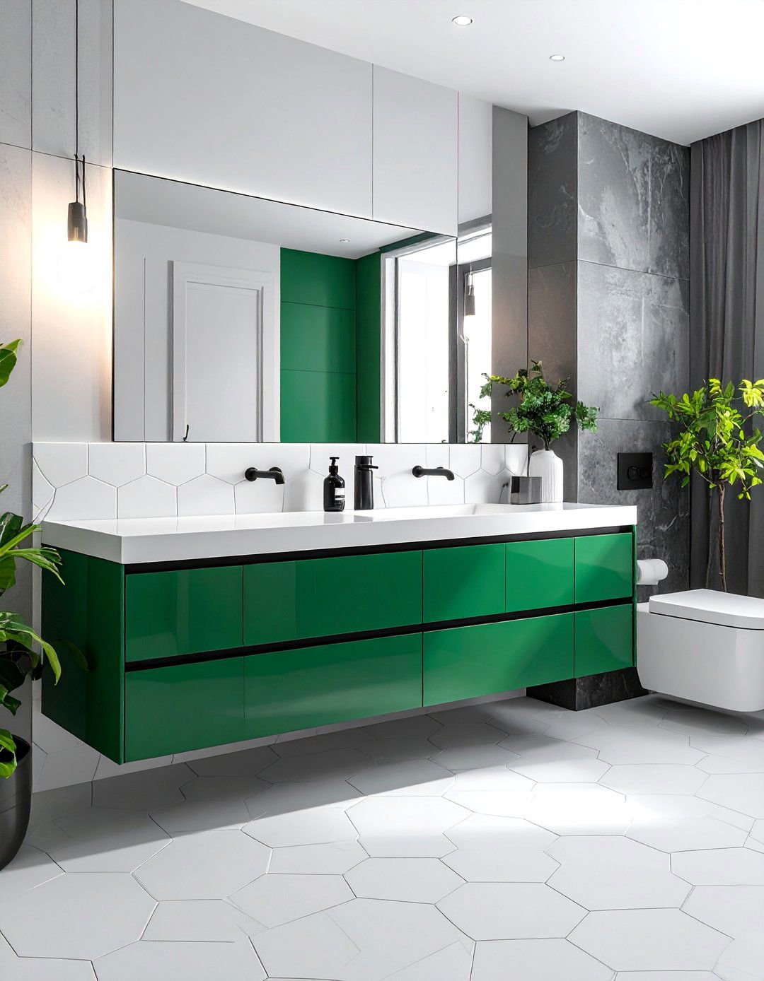 Emerald Green Vanity with Black Matte Fixtures - 15 Gorgeous Bathroom Designs Featuring Green Vanities