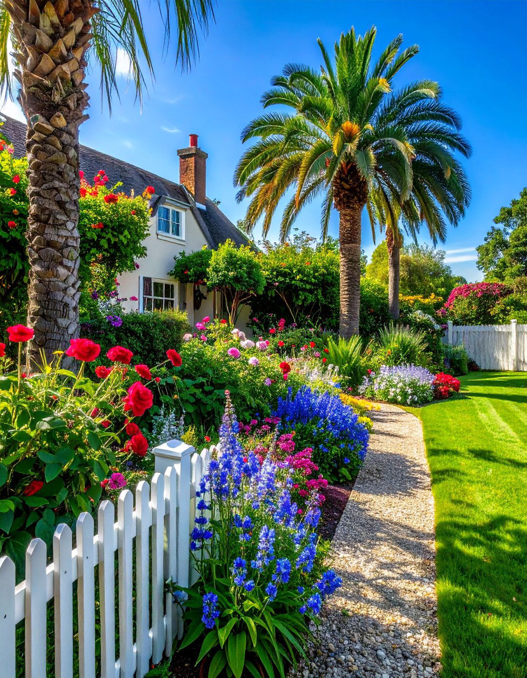 English Cottage Palm Fusion - 30 Front Yard Palm Tree Landscape Design Ideas