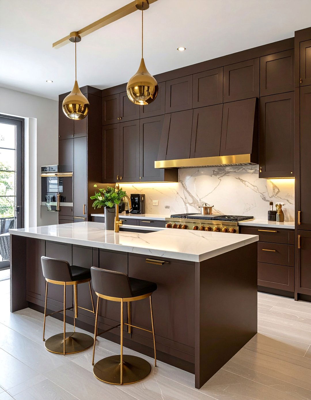 Espresso Brown Kitchen with Gold Fixtures - 20 Brown Kitchen Ideas for a Warm, Earthy Feel