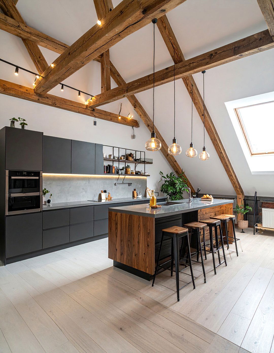 Exposed Beam Industrial Kitchen - 20 Sloped Ceiling Kitchen Ideas to Maximize Space