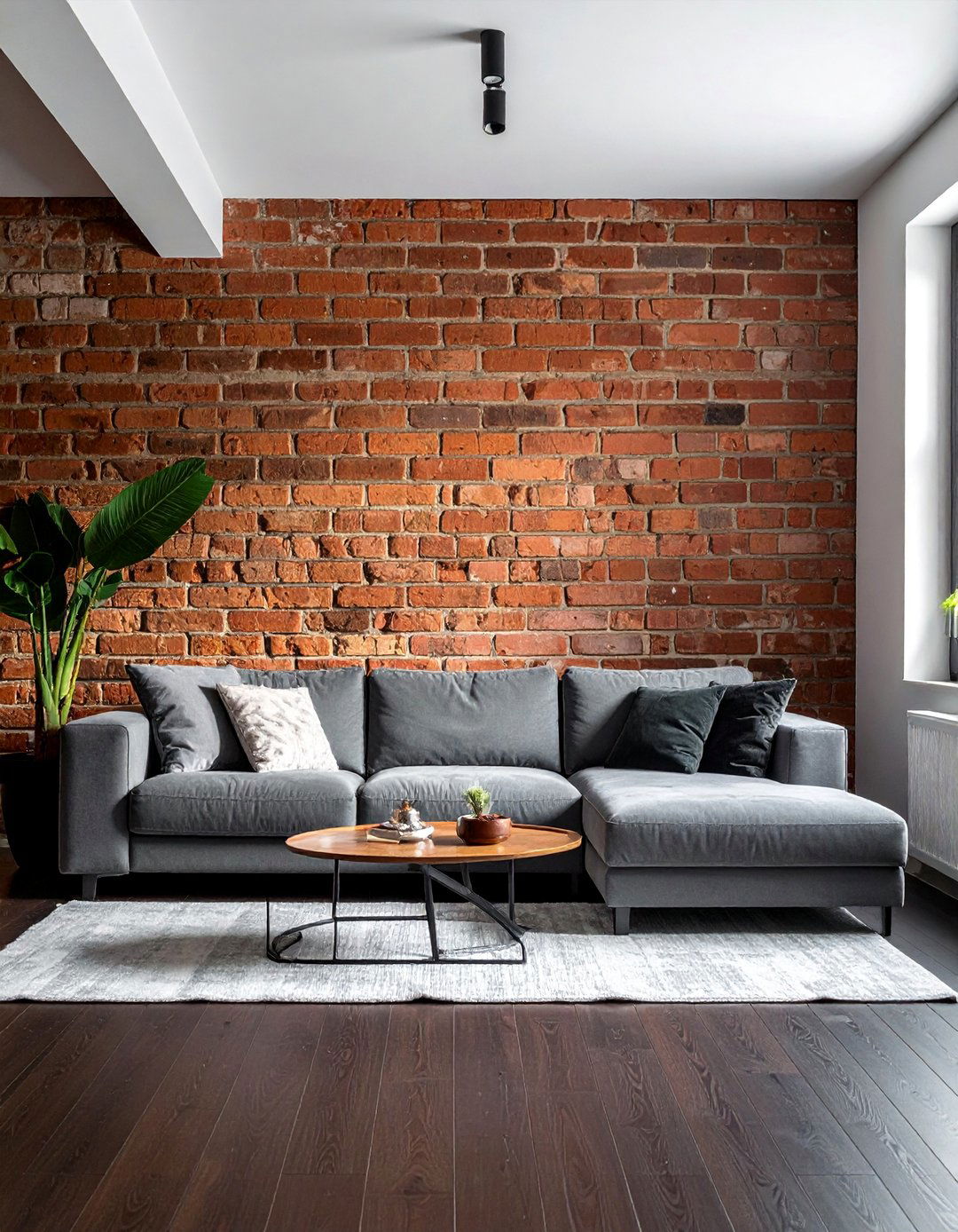 Exposed Brick Wall for an Industrial Touch - 30 Dark Brown Floor Living Room Ideas for a Warm Ambiance