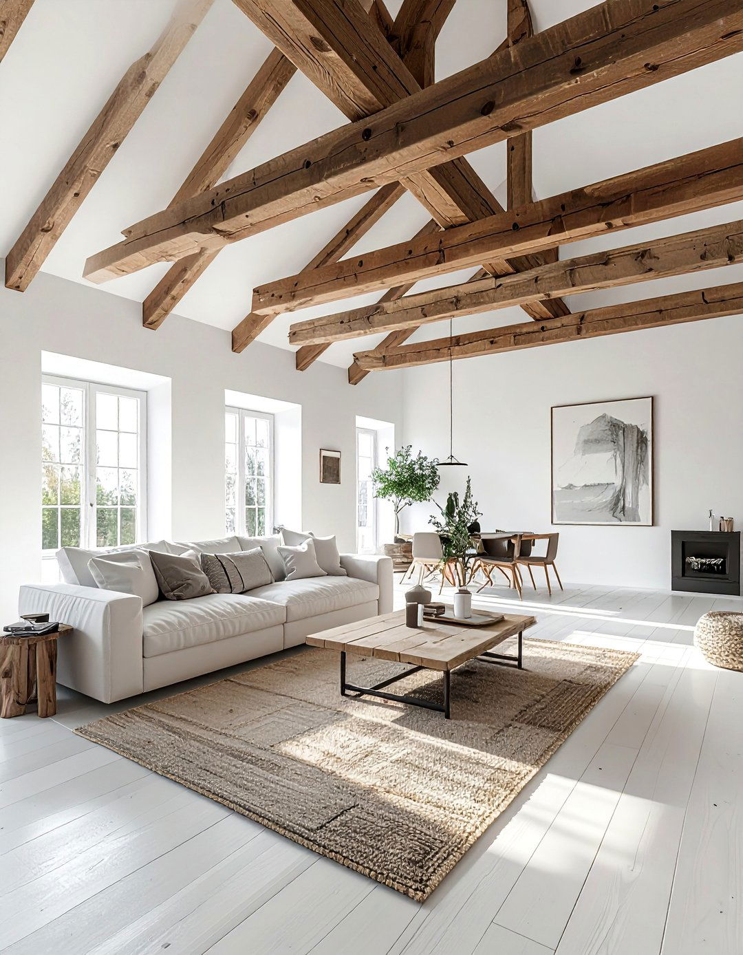 Exposed Wooden Beams in a Rustic Scandinavian Living Room - 30 Rustic Scandinavian Living Room Ideas for a Cozy Vibe