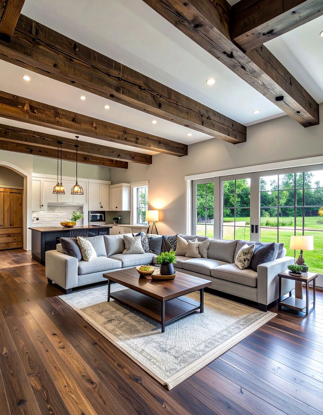 Exposed Wooden Ceiling Beams - 20 Grey Living Room With Dark Wood Floors Ideas