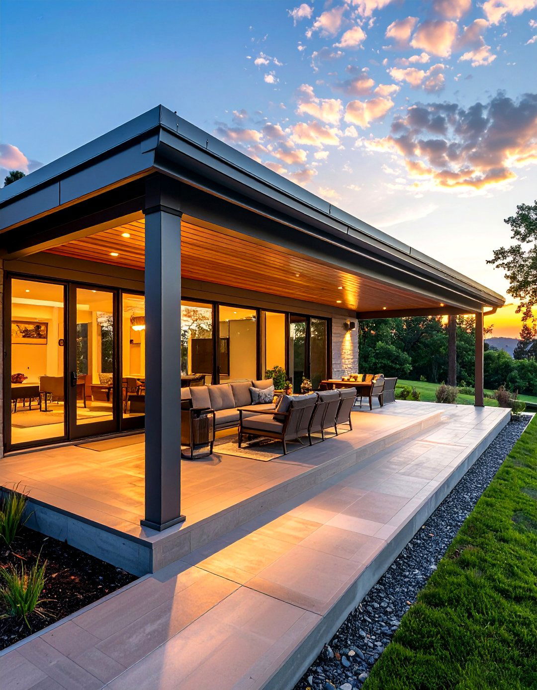 Extended Metal Roof Covered Patio Integration - 30 Metal Roof Porch Design Ideas for Durability