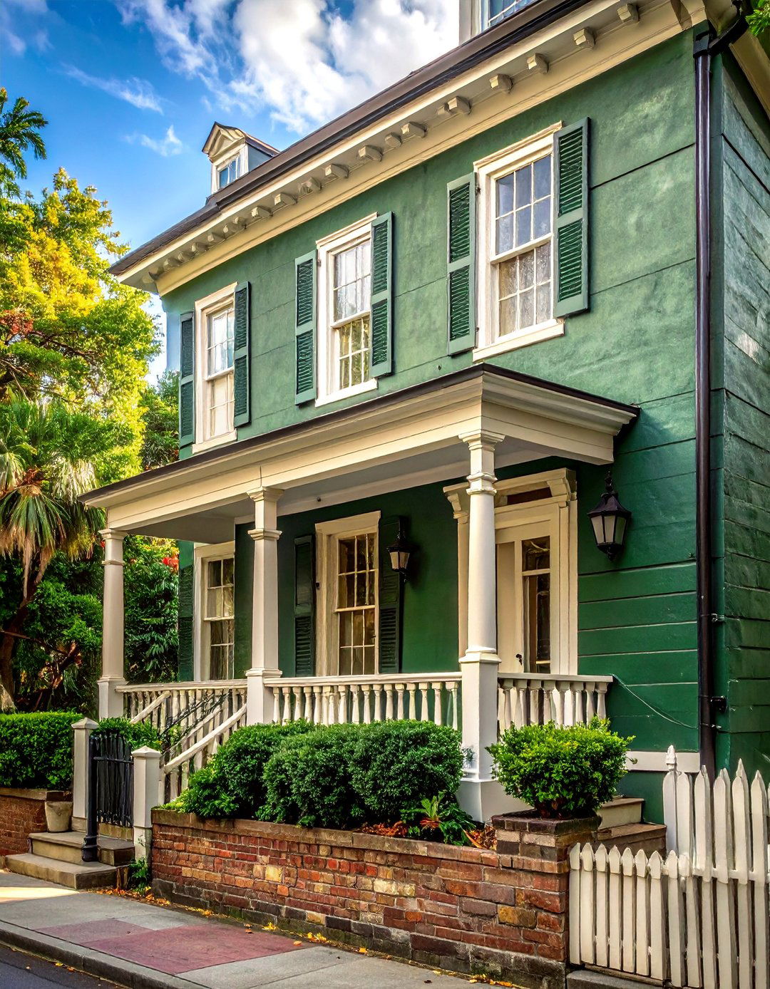 Faded Charleston Green with Creamy White - 40 Dark Green Exterior Paint Color Schemes for Bold Homes