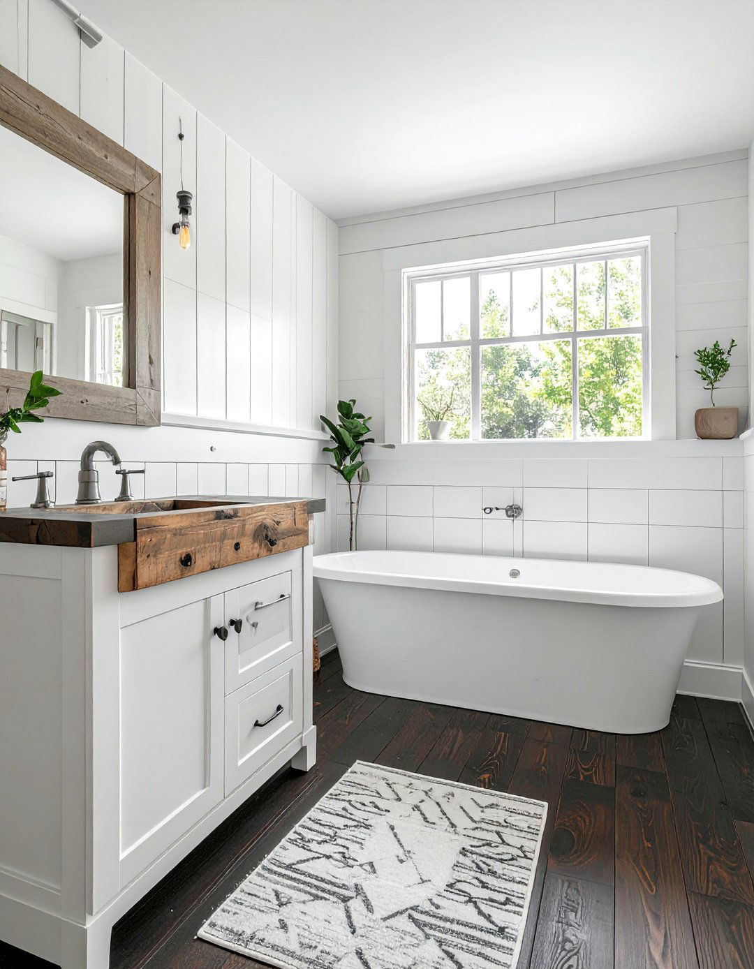 Farmhouse Bathroom with Dark Wood Floors - 25 Dark Wood Floor Bathroom Ideas for a Cozy Retreat