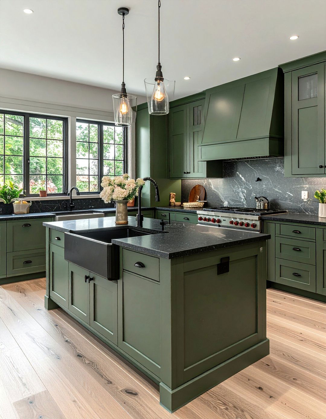 Farmhouse Green Cabinets with Black Soapstone Sink and Countertops - 20 Green Kitchen Cabinets With Black Countertops Ideas