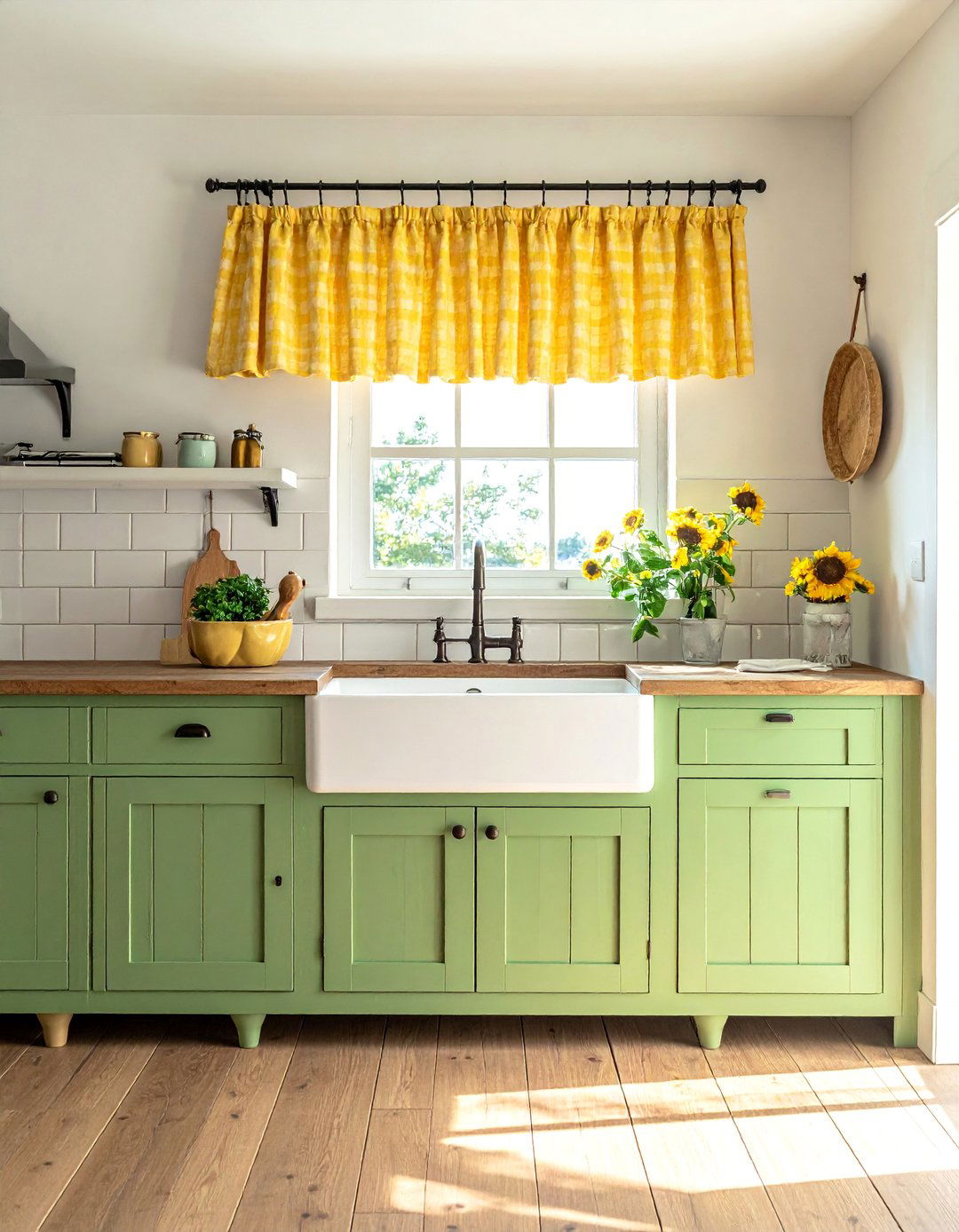 Farmhouse Kitchen with Pistachio Green and Sunflower Yellow - 20 Green and Yellow Kitchen Ideas for a Fresh Look