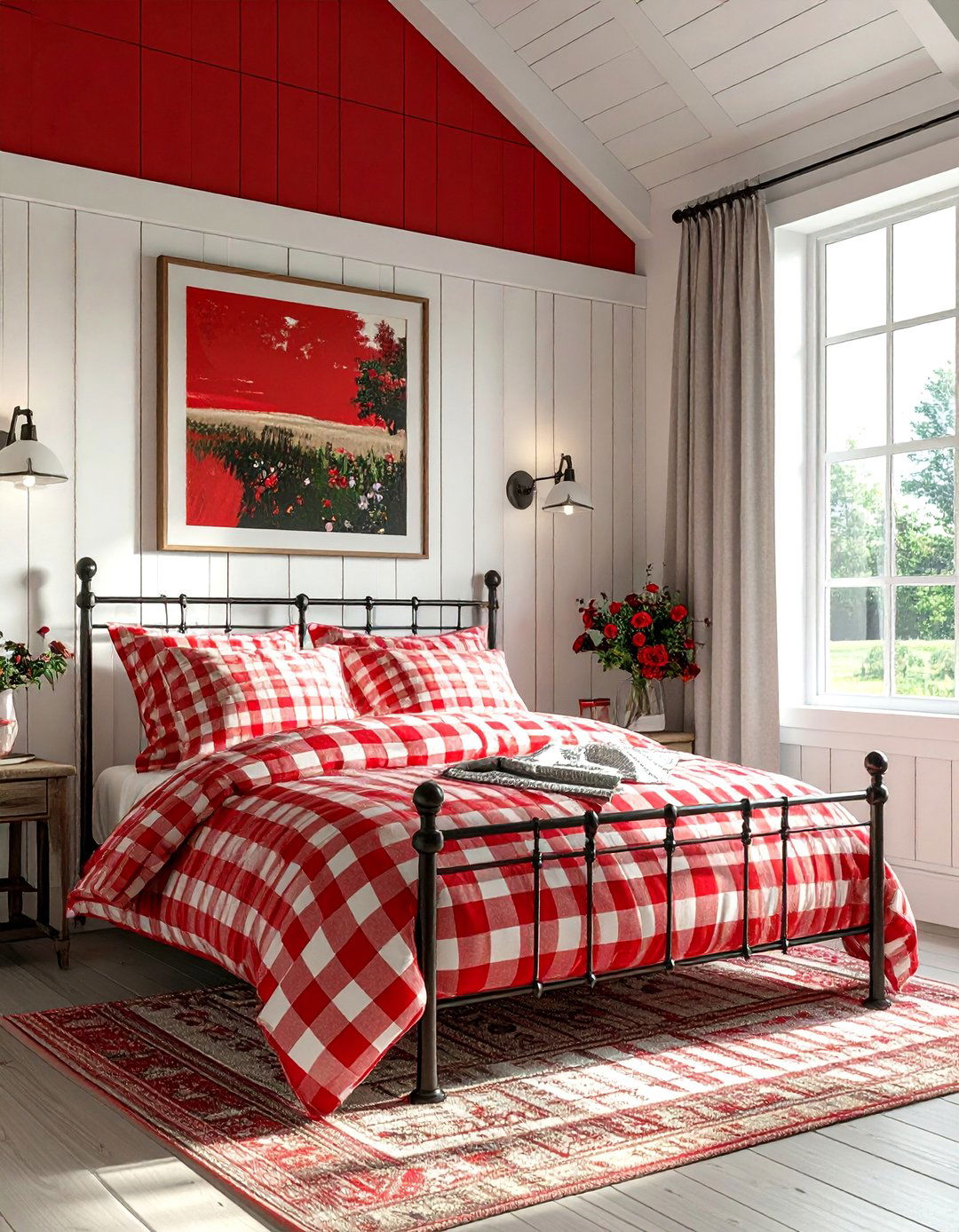 Farmhouse Red Bedroom with Gingham Patterns - 20 Red Bedroom Ideas to Create a Bold and Cozy Space