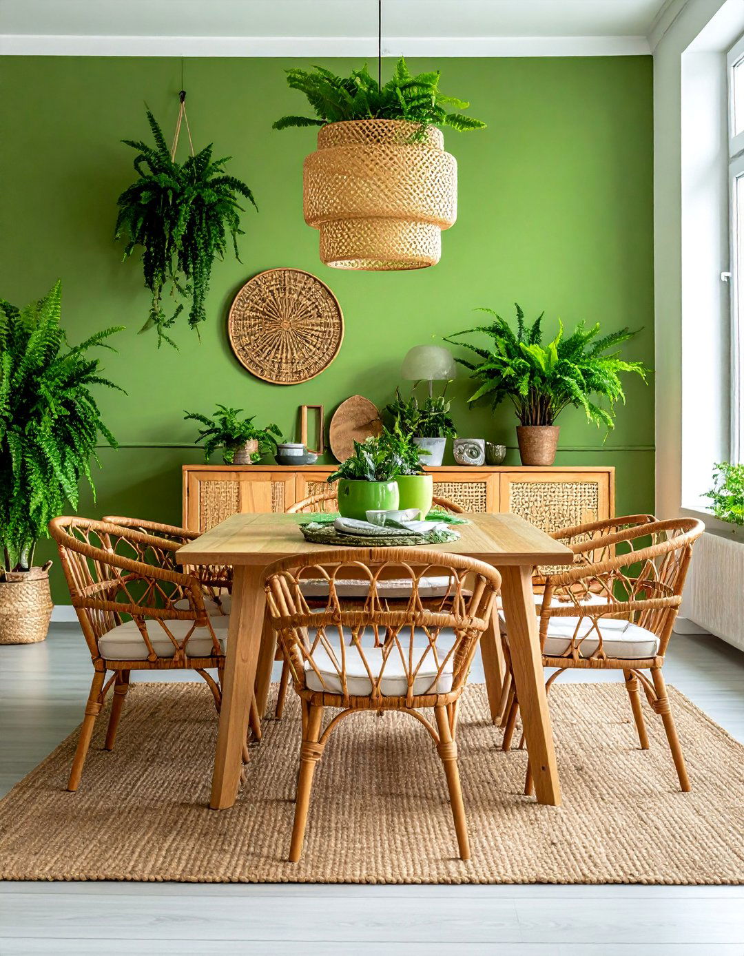 Fern Green Dining Room with Rattan and Wicker Furniture - 40 Green Dining Room Ideas for a Fresh Look