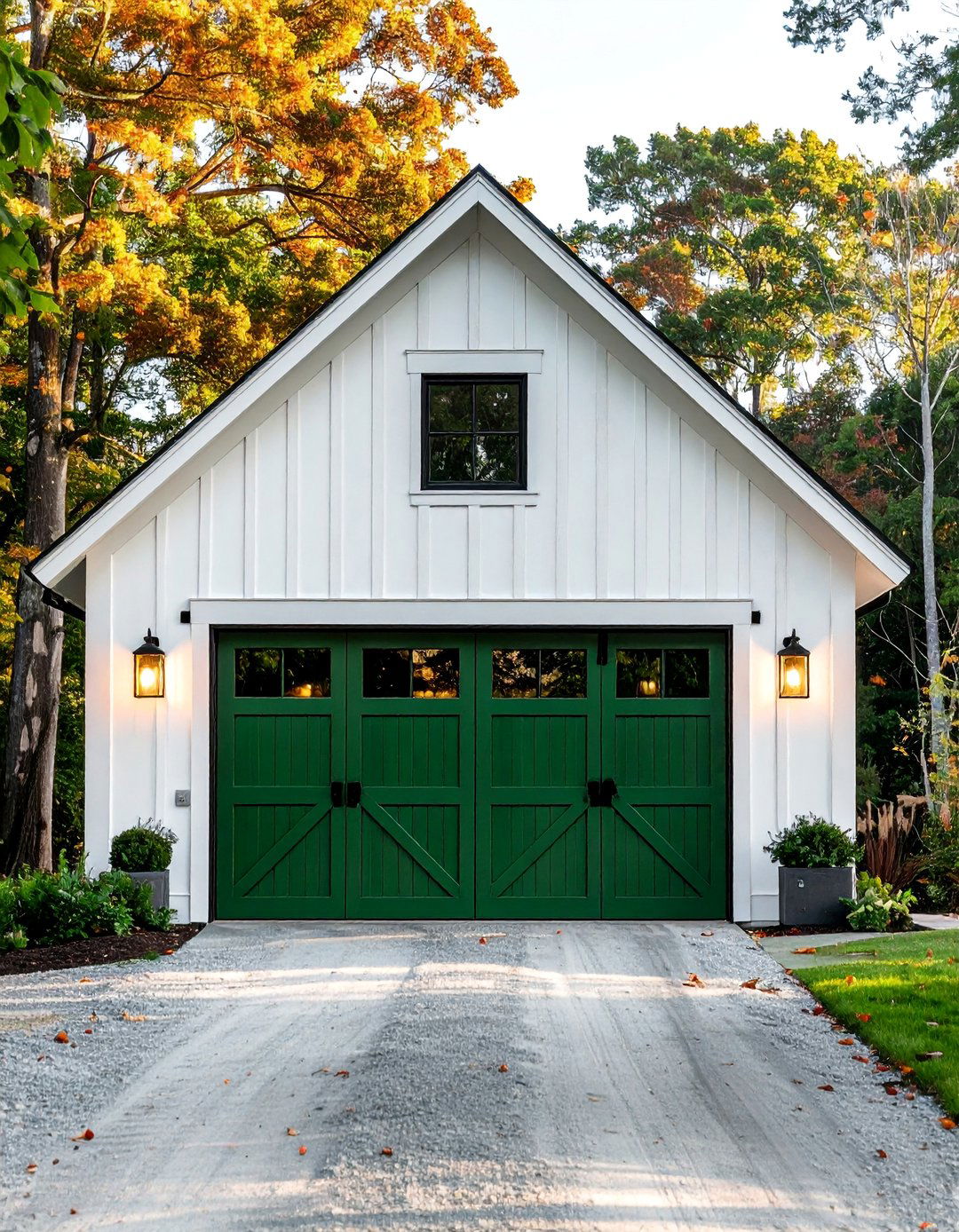 Fern Green Garage Door on a White Farmhouse - 20 Green Garage Door Ideas to Boost Curb Appeal