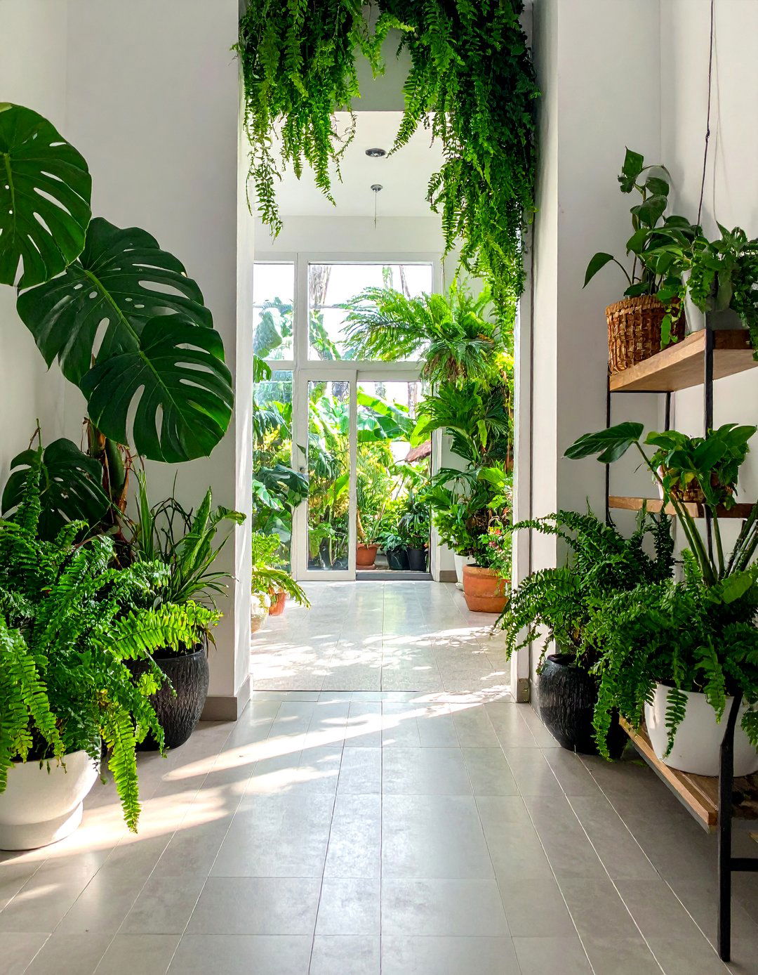 Fern Green Hallway with Abundant Plant Life - 20 Green Hallway Ideas for a Fresh and Inviting Space