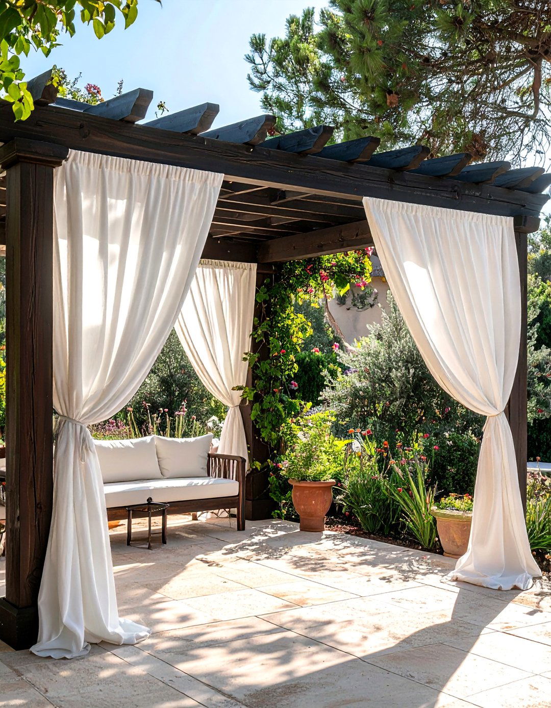 Finishing a Mediterranean Patio with Sheer Outdoor Curtains - 25 Mediterranean Patio Ideas for a Relaxing Outdoor Space