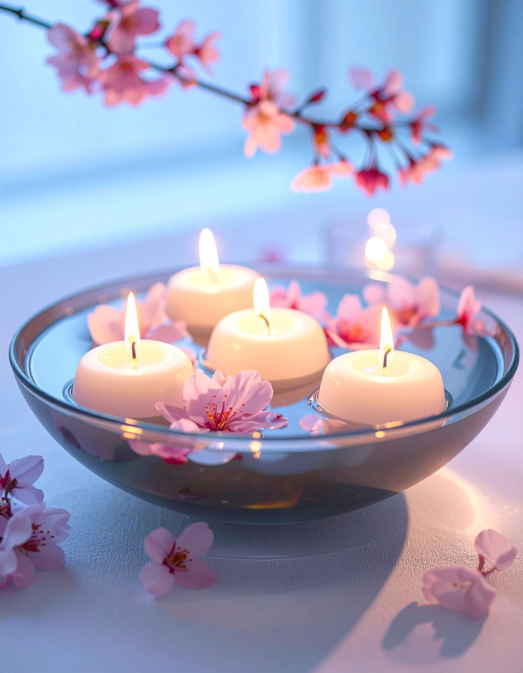 Floating Candle and Blossom Spring Centerpiece - 25 Spring Centerpiece Ideas for a Fresh Look
