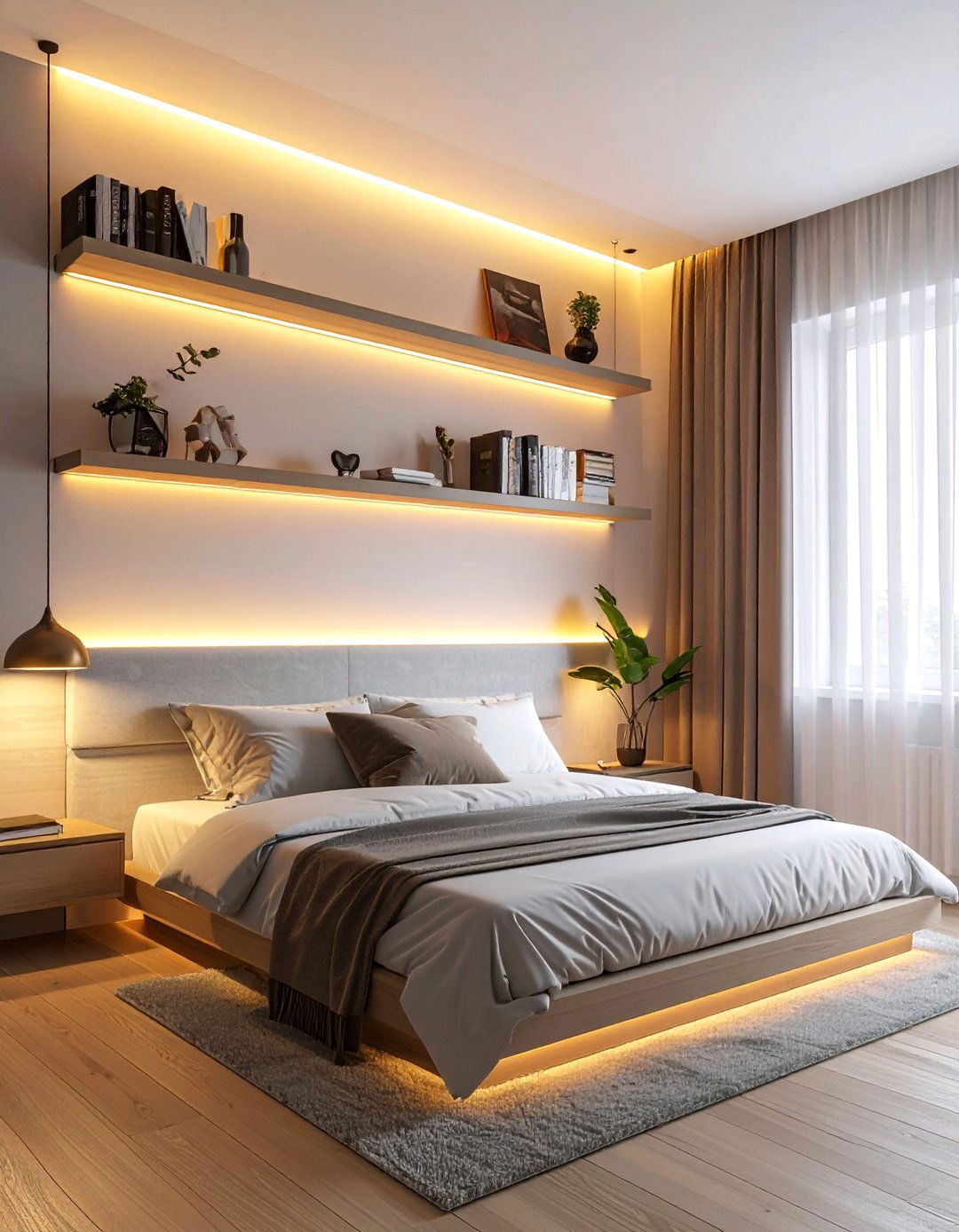 Floating Shelf Backlighting - 15 Bright Small Bedroom Lighting Ideas for Ambiance