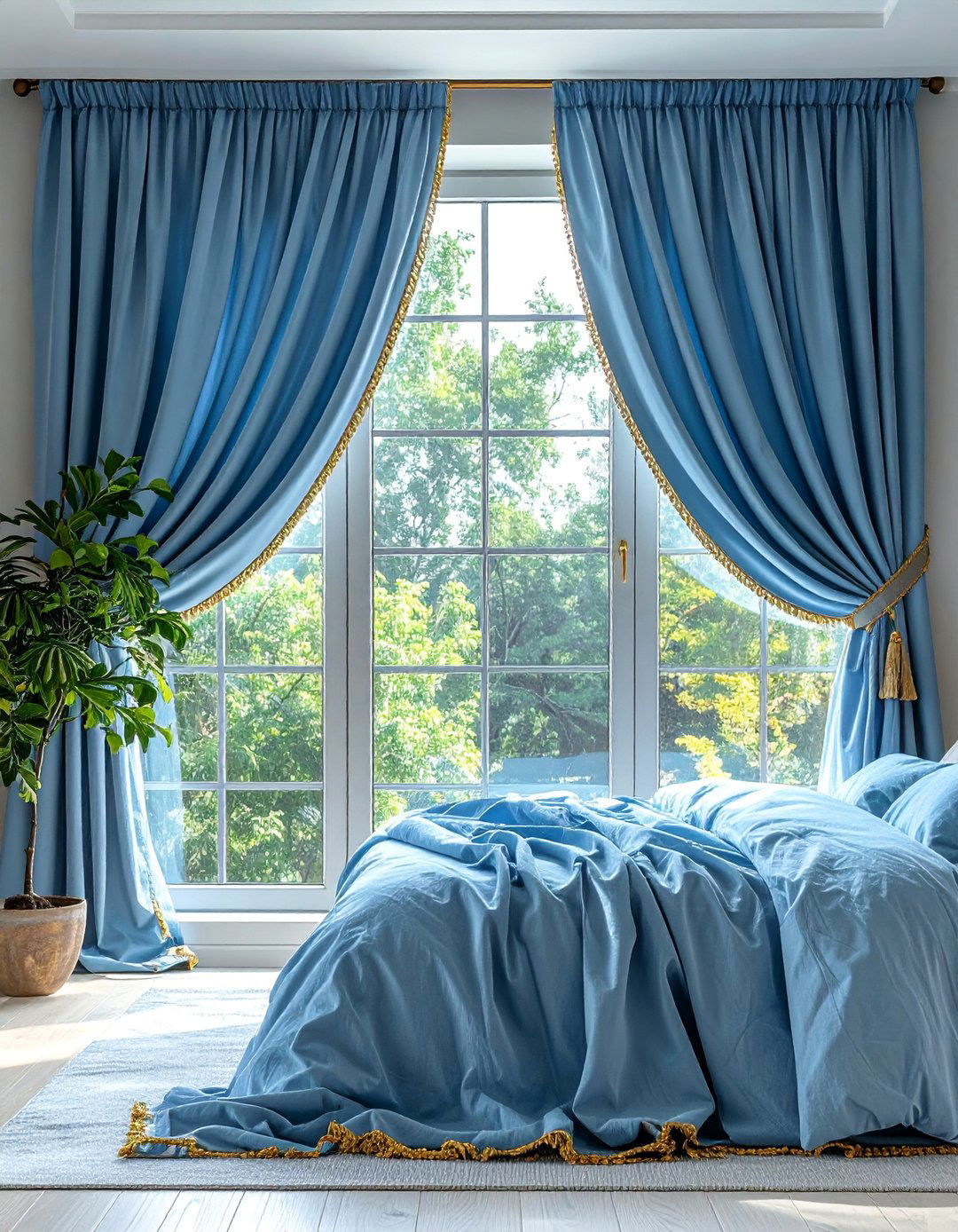 Floor to Ceiling Light Blue Drapes with Gold Trim - 20 Blue and Gold Bedroom Ideas for a Luxurious Look
