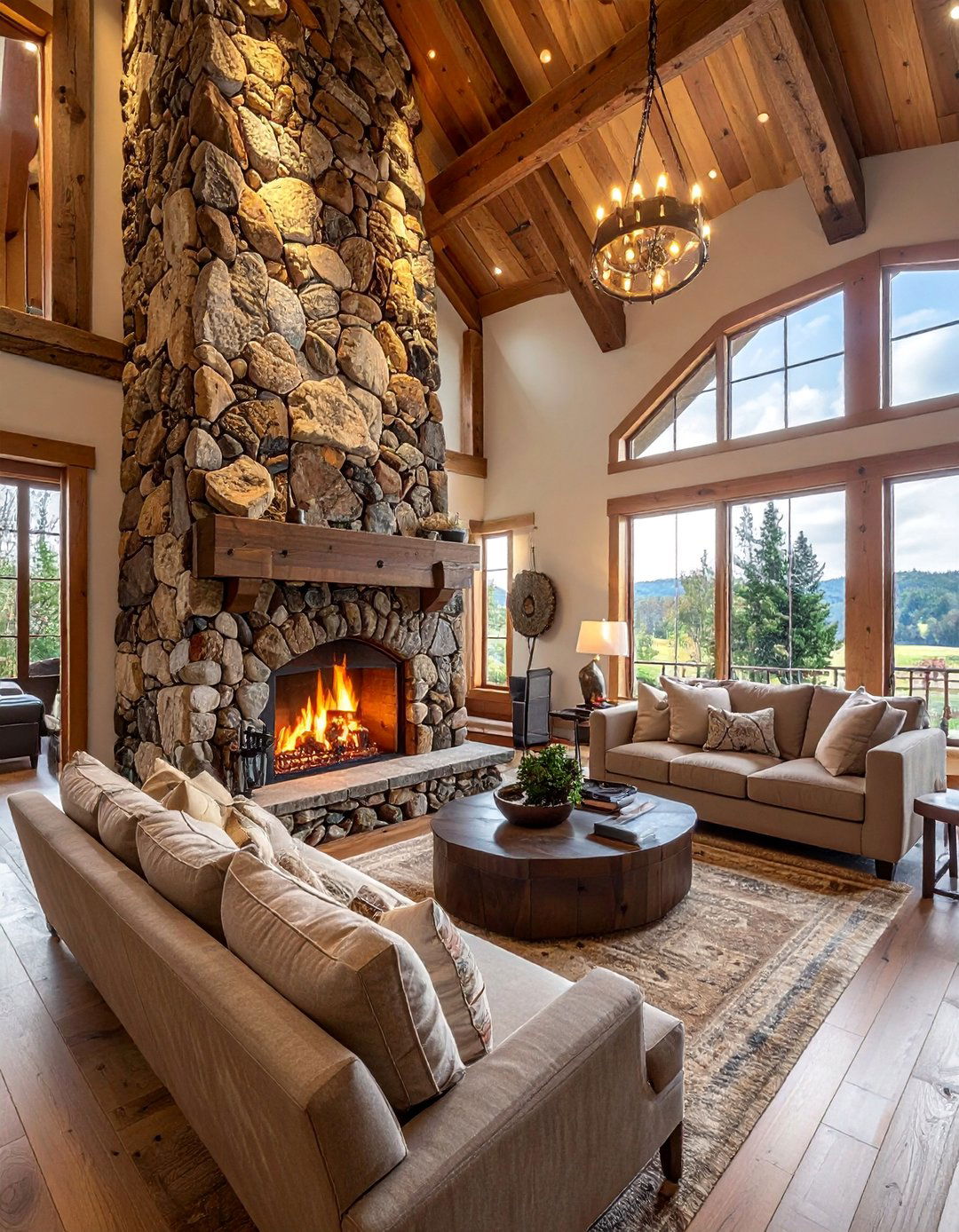 Floor to Ceiling River Rock Fireplace - 30 Unique River Rock Fireplace Ideas for Cozy Homes