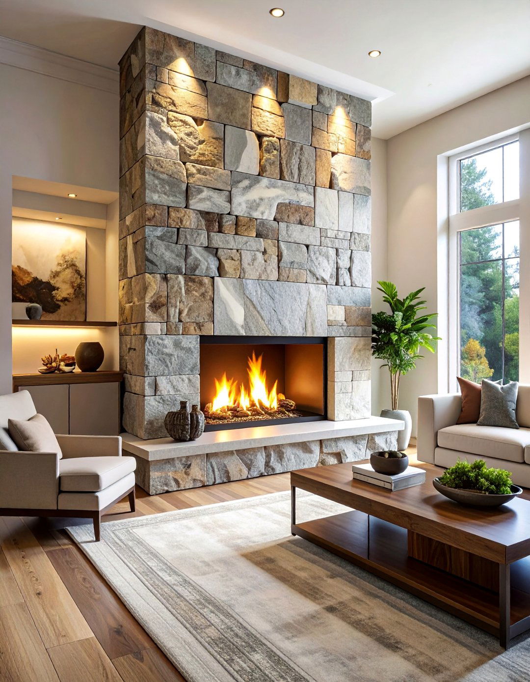 Floor to Ceiling Stone Surrounds - 40 Modern Fireplace Ideas to Warm Up Your Home