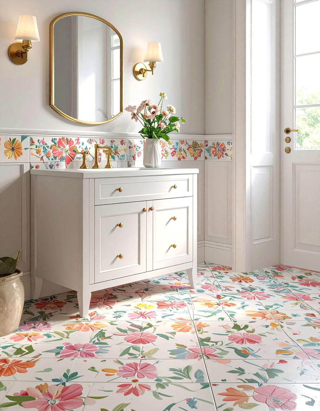 Floral Motif Cement Powder Room Floor Tile - 25 Powder Room Floor Tile Ideas for a Stunning Look