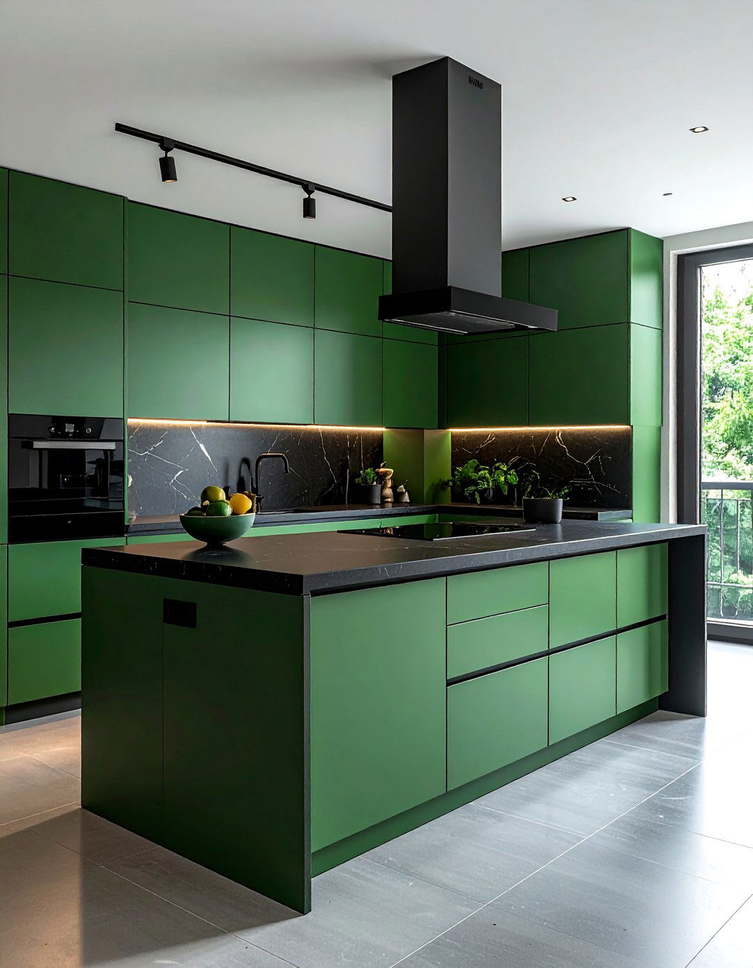 Forest Green Flat Panel Cabinets with Polished Black Quartz - 20 Green Kitchen Cabinets With Black Countertops Ideas