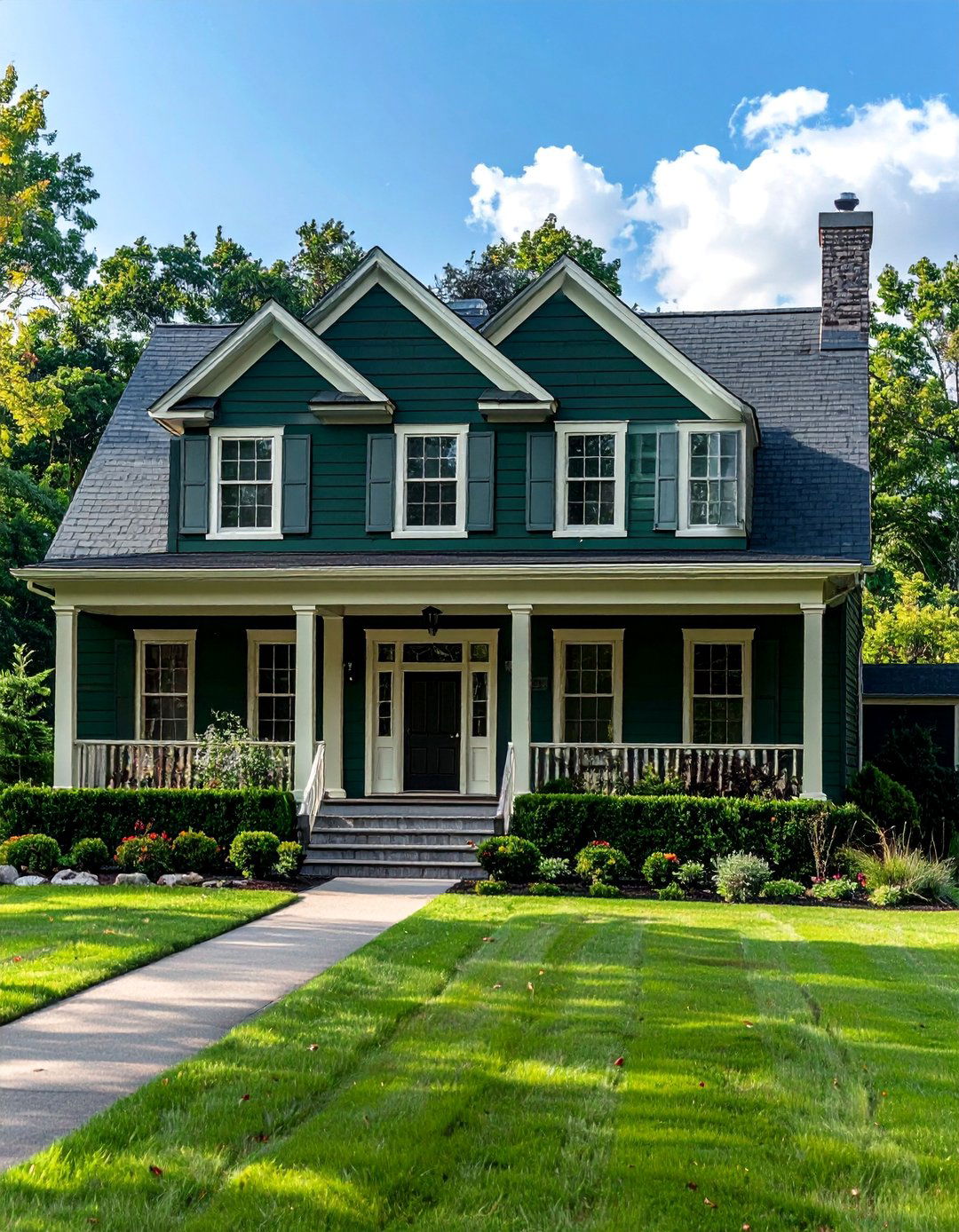 Forest Green Siding with Off White Trim - 40 Dark Green Exterior Paint Color Schemes for Bold Homes
