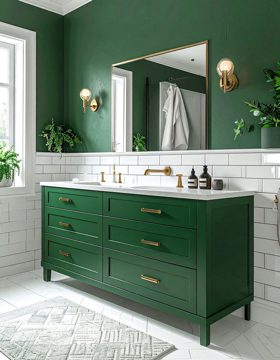 Forest Green Vanity with Brass Hardware - 15 Gorgeous Bathroom Designs Featuring Green Vanities