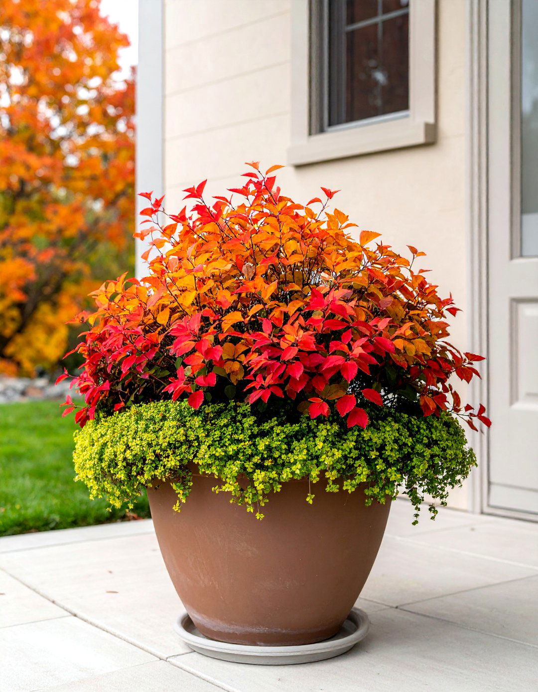 Fothergilla and Creeping Jenny Fall Planter - 40 Fall Planter Ideas to Add Seasonal Charm