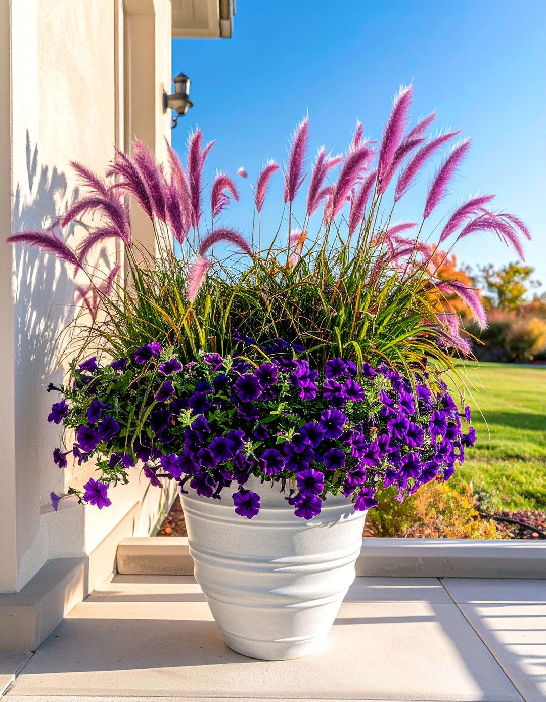 Fountain Grass and Petunia Fall Planter - 40 Fall Planter Ideas to Add Seasonal Charm
