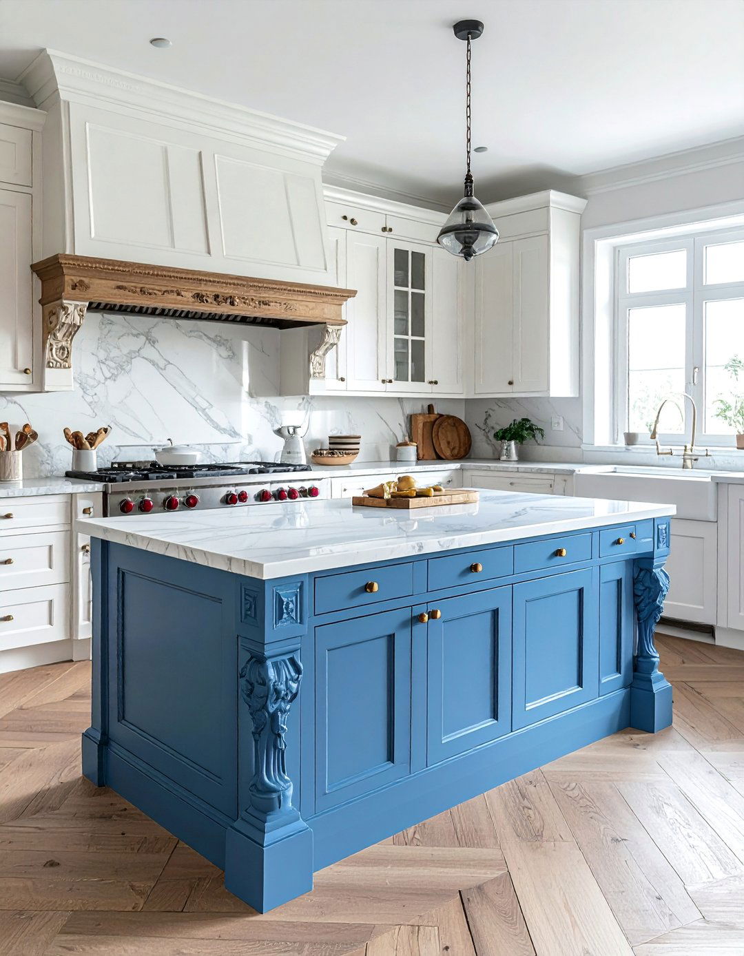 French Blue Island with Intricate Corbels - 30 White Kitchen Cabinets With Blue Island Design Ideas