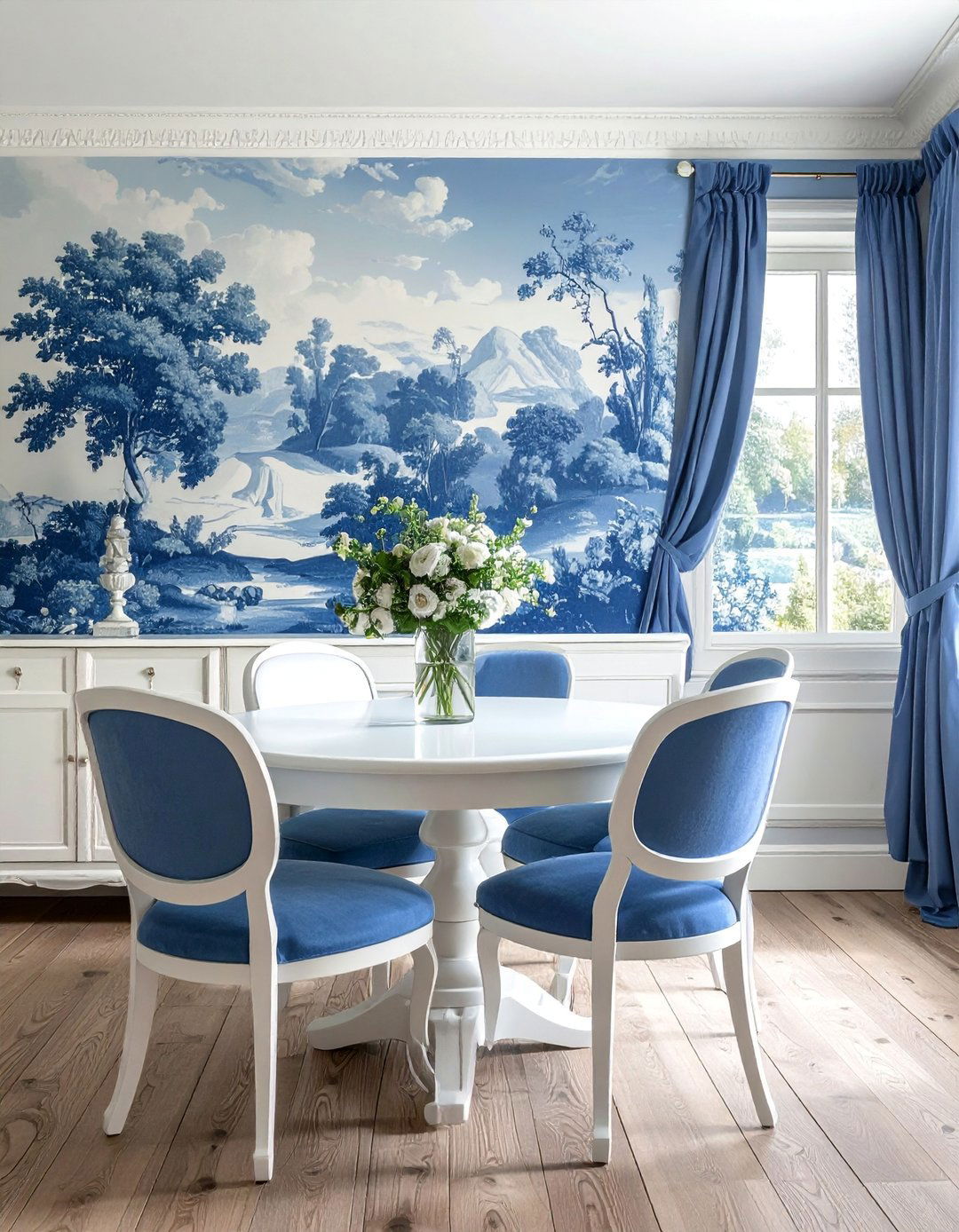 French Country Dining Room with Toile de Jouy Wallpaper - 40 French Country Dining Room Ideas for Elegant Entertaining