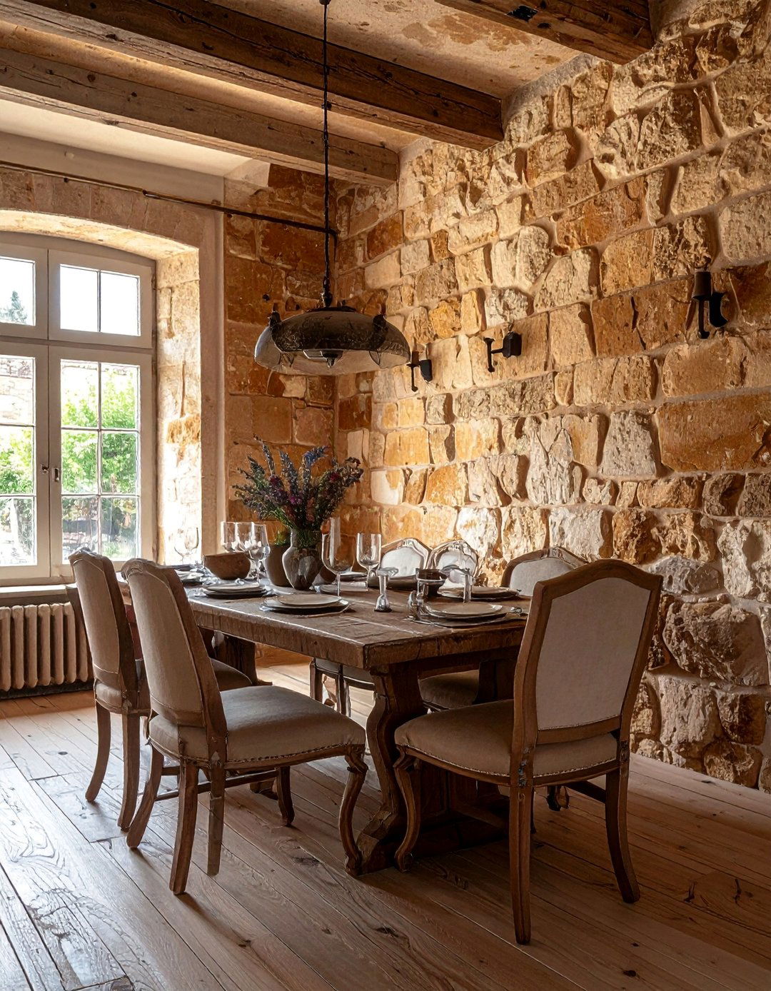 French Country Dining Room with a Stone Accent Wall - 40 French Country Dining Room Ideas for Elegant Entertaining